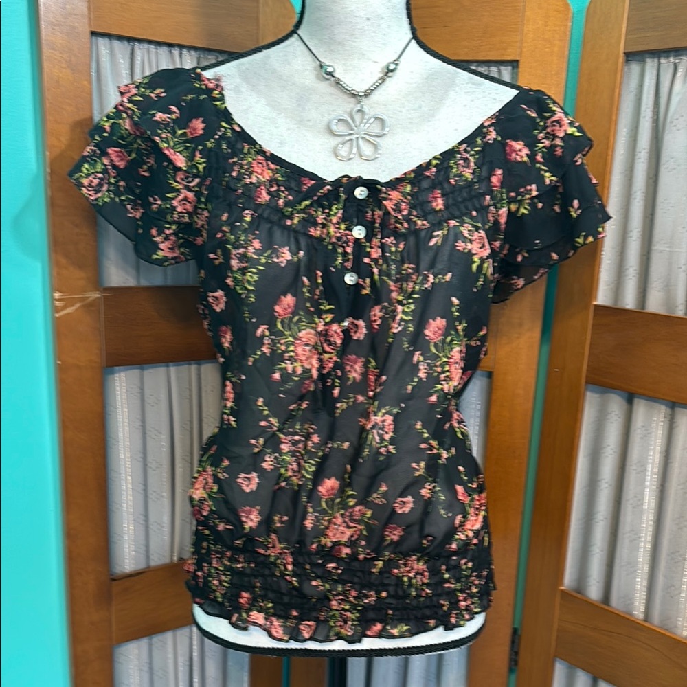 Marisol- Pink, Orange & Black Flutter Short Sleeve Blouse with Ruffled Details